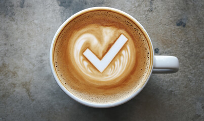 Cup of coffee with checkmark sign in top foam latte art. Generative AI