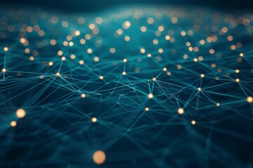 Fototapete - A network of luminous nodes connected by intricate lines creates a captivating visual of digital connectivity, set against a rich blue and teal backdrop.