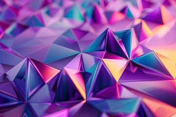 Poster - A vivid arrangement of pyramids showcases a blend of purple, pink, and orange hues, reflecting light in an artistic and abstract composition that draws the eye.