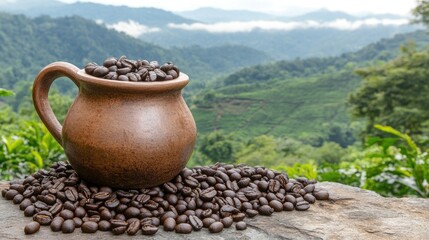 Two mugs sit on a wooden table surrounded by coffee beans, with a breathtaking view of rolling green mountains and a misty sky in the background