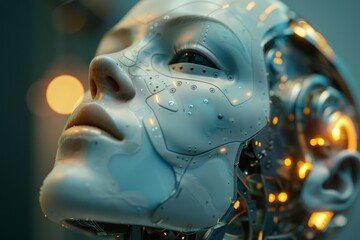 Poster - This close-up reveals a high-tech robotic face featuring detailed circuitry and illuminated components, reflecting the sophistication of modern robotics and artificial intelligence.
