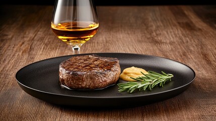 A perfectly grilled steak rests on a dark plate next to fresh rosemary, while a glass of amber whiskey sparkles in the warm glow of holiday lights in the background