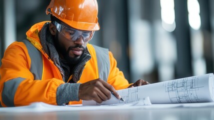 A construction worker reviews blueprints while wearing safety gear, showcasing diligence and professionalism on a job site.