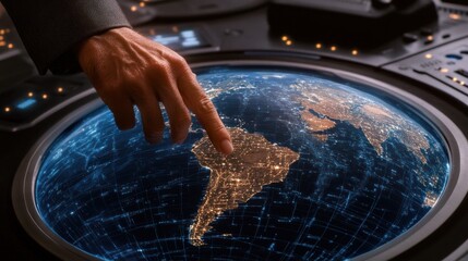 Aufkleber - Hand Pointing at a Futuristic Earth Globe with a Grid Pattern