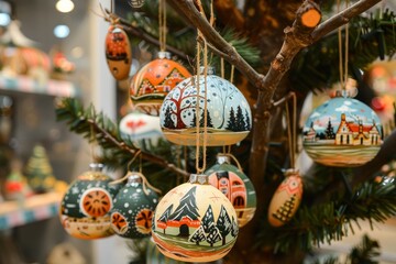 Ornaments adorned with festive designs hang from a lush green Christmas tree, setting a joyful atmosphere in a bustling holiday market during winter.