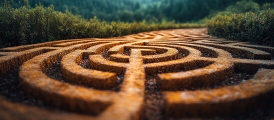 Close-up of a stone maze path with a blurred background of green foliage.