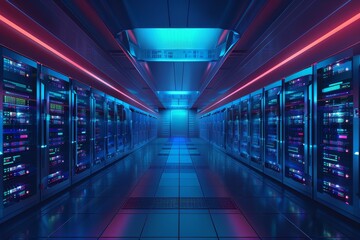 Poster - A high-tech data center features long rows of servers, bathed in blue and pink light, creating a dynamic atmosphere of innovation and advanced technology.
