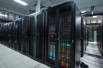 Poster - Rows of server racks fill a high-tech data center, showcasing illuminated indicators and equipment inside a clean, well-organized space during the day.