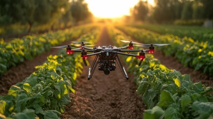Poster - A drone hovers over a lush field of crops during sunset, highlighting the integration of technology in agriculture and the beauty of nature.