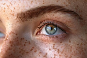Poster - the captivating eye features a vivid blue-green iris surrounded by light freckles, reflecting ambien