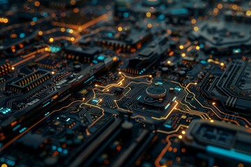 Poster - The close-up view highlights the intricate design of a circuit board illuminated by glowing lights in a low-lit setting, demonstrating modern technological complexity.
