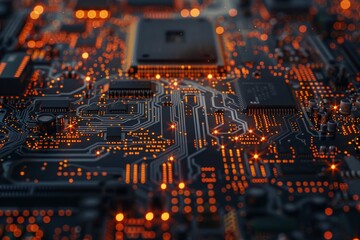 Poster - A detailed close-up reveals the complexity of a black circuit board embellished with bright orange lights, highlighting technology at work in a contemporary electronic device.