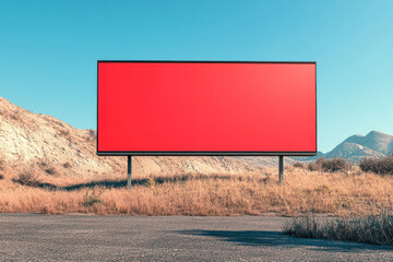 Red billboard displaying a clothing brand on a busy urban road with cars passing by on a sunny day.