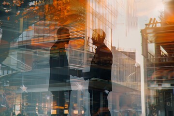 Poster - Two individuals engage in a handshake, symbolizing partnership and agreement amidst a vibrant urban backdrop at sunset. The scenery conveys a sense of achievement.