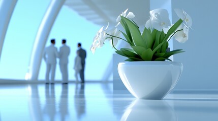 A serene office space with a white flower pot and professionals engaged in discussion emphasizing nature in modern design