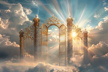 a magnificent set of golden gates stands amidst fluffy clouds, illuminated by warm sunlight, evoking