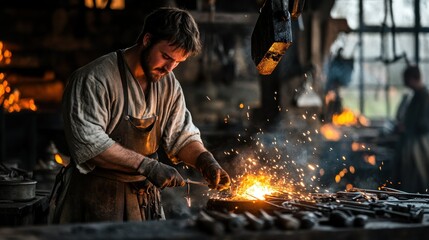 Poster - Blacksmith Working with Hot Metal and Sparks Flying