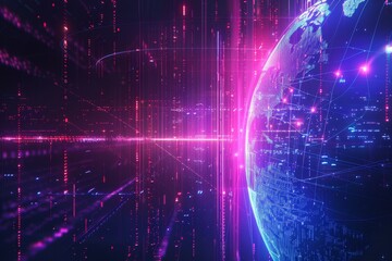 Poster - A vibrant digital globe emerges from a backdrop of glowing data streams and intricate lines, illustrating a futuristic vision of global connectivity at night.