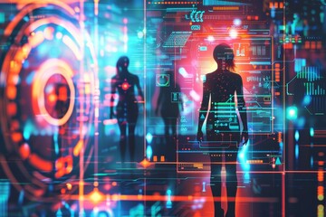 Poster - A silhouette of a person stands amidst a high-tech digital landscape filled with colorful holograms and data displays, creating a futuristic atmosphere at night.