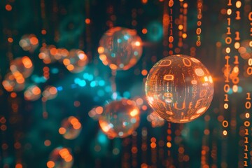 Poster - Abstract visual of glowing spheres symbolizing data and technology, intertwined with streaming binary code against a colorful backdrop, evoking innovation.