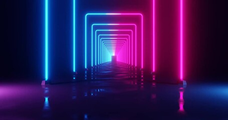 Wall Mural - Abstract blue and pink neon lights illuminate a pathway in a dark room.
