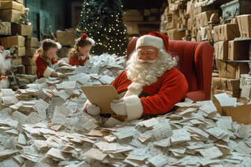 Wall Mural - Santa Claus sitting in a pile of paper, surrounded by letters and wish lists.