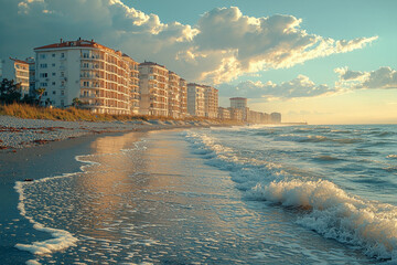 Canvas Print - Waves gently lap against the shore near beachfront buildings at sunset