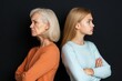 © prime stock - Mother and daughter in a tense standoff, standing back to back with arms crossed, showcasing their frustration and concern over marriage-related issues