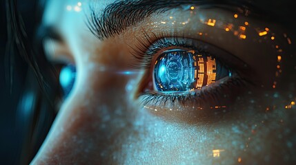 Wall Mural - sci-fi futuristic cyborg. woman's eye with bionic technology. smart contact lens with biometric reti