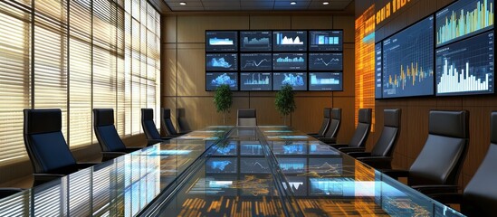 Wall Mural - conference room with a long glass table multiple screens on the wall displaying graphs and charts and executive chairs neatly arranged