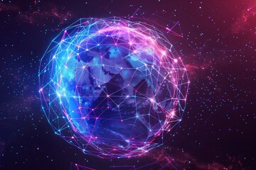 Poster - This artwork features a vibrant representation of Earth, enveloped in glowing interconnected lines and networks, set against a starry cosmic space background.