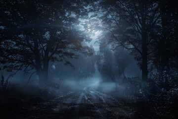 Wall Mural - A secluded forest pathway is shrouded in mist, with towering trees lining the route. The moonlight casts an eerie glow, creating a mysterious atmosphere in the late night.