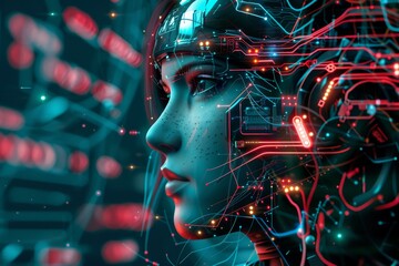 Poster - A cybernetic woman with enhanced features displays a complex network of glowing circuits, reflecting a fusion of technology and humanity in a vibrant, neon environment.