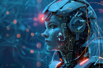 Poster - A humanoid robot with intricate circuitry and glowing elements is engaged in an exploration of artificial intelligence amidst a vibrant digital backdrop filled with interconnected lines.