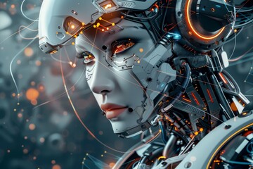 Poster - The humanoid robot showcases stunning details, blending human features with high-tech elements while surrounded by digital circuits and glowing lights.