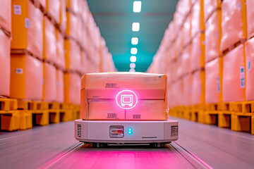 Autonomous delivery robot transporting packages in a modern ware