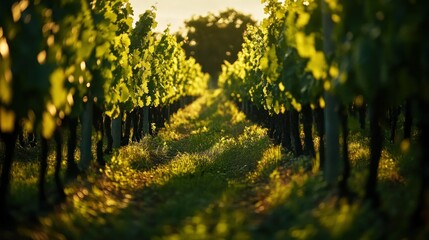 Poster - Rows of Grapevines Bathed in Warm Sunset Light