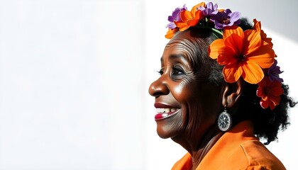 An old African American woman with a serene expression, her face framed by a beautiful floral headpiece composed of soft pastel colors