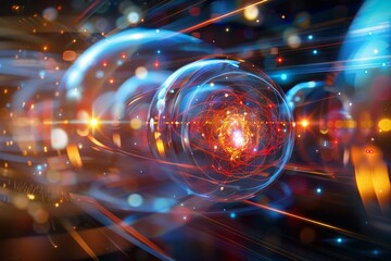 Poster - Vibrant colors swirl around particles in a high-energy physics setting, showcasing the complex interactions and dynamics that define particle behavior and energy flow.