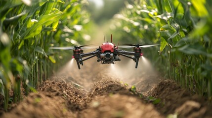 Poster - A drone hovers low over a lush cornfield, efficiently applying spray to the crops as sunlight filters through the rows of towering plants. The scene highlights modern agricultural practices.