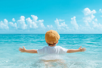 Young child enjoys the warm sun and ocean waves at the beach on