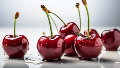 Detailed close-up of cherries with drops of juice on a white table; selective focus; white background; fresh cherries on a white table; fruit photography; food photography