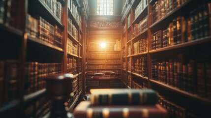 Poster - Bookshelves in a Large Library with a Sunlit View