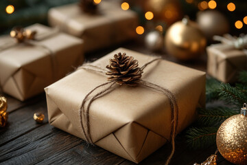 Christmas presents on wooden table with tree and lights, setting a festive scene.