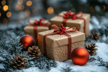 Poster - Christmas presents on snow-covered ground, surrounded by sparkling lights and a frosty winter wonderland setting.