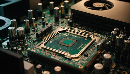 Poster - The intricate details of a computer motherboard are highlighted, showcasing a central processing unit amidst various electronic components in a tech workshop setting