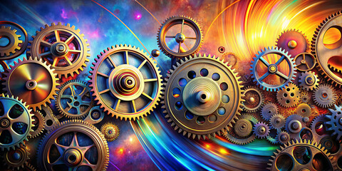 Poster - Gears and cogs in various sizes create a stunning visual against a vibrant cosmic backdrop, blending technology and artistic flair during twilight