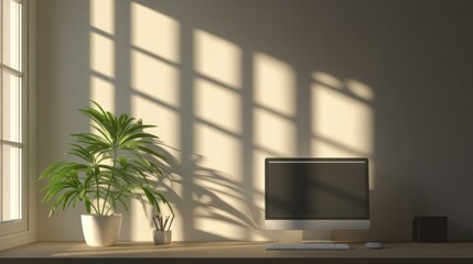 Poster - Minimalist workspace with a computer, plant, and sunlight