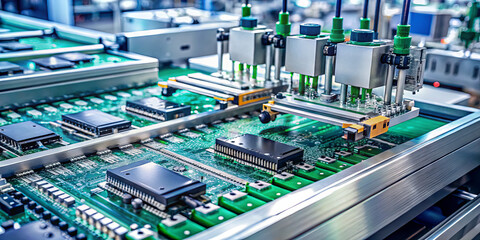 Poster - Automated equipment is precisely placing electronic components on circuit boards in a modern manufacturing environment, ensuring high efficiency