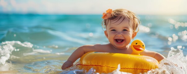 Cheerful baby in a bright yellow duck float, splashing in shallow water, smiling joyfully under the warm sunlight. Free copy space for text.